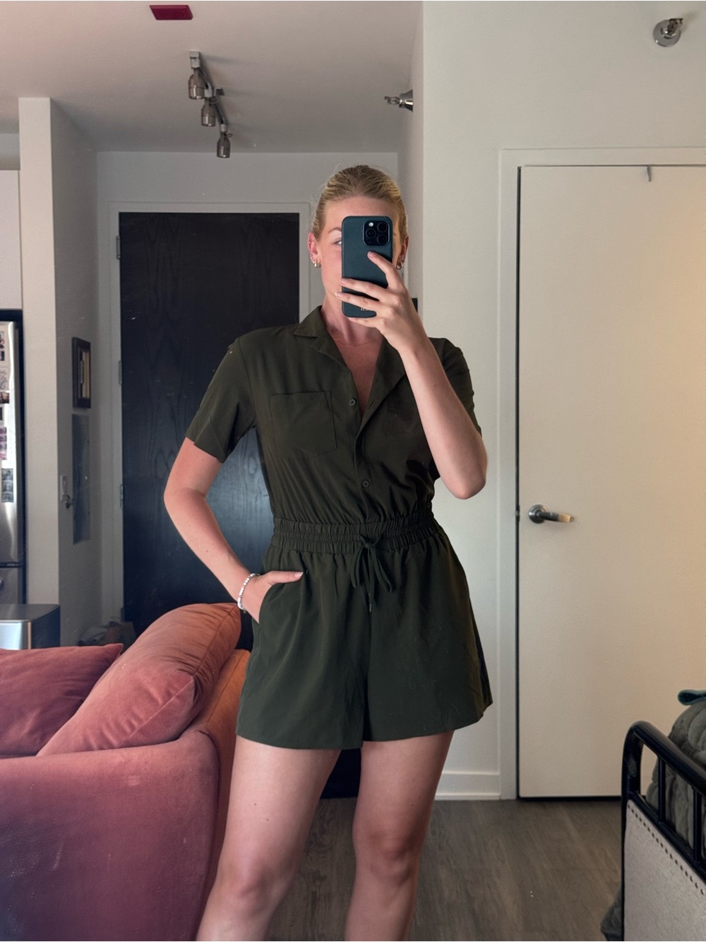 Athleta Olive Green Short Sleeve Romper